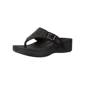 Vionic Capitola Thong Sandals Black Studded Leather Wedge Platform Buckle 9